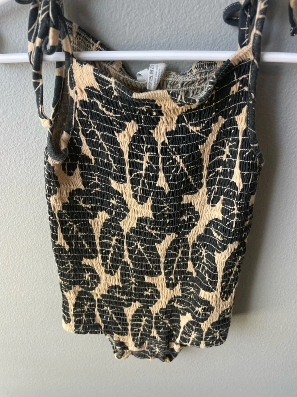 Kate Quinn Tan and Black Leaves Bamboo Bubble Romper with Spaghetti Straps